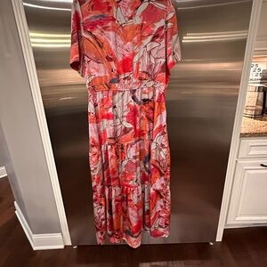 NIC+ZOE Scribble Bouquet Daydream Tiered Maxi Red & Pink Maxi Dress XL